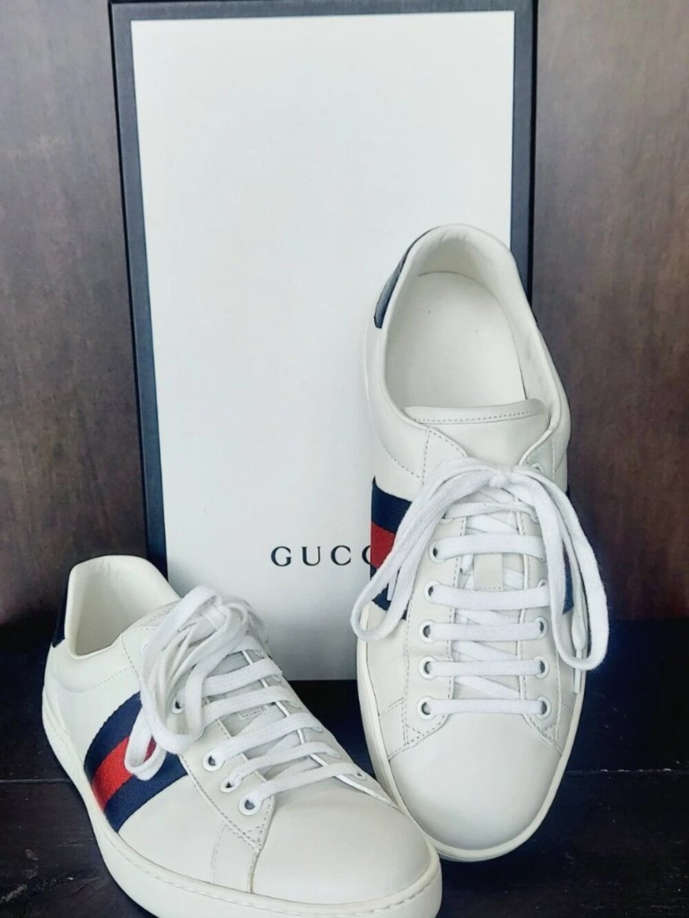 Gucci Ace Leather Navy Red Web Stripe Sneaker M7.5 W9-9.5 - Picture 2 of 14